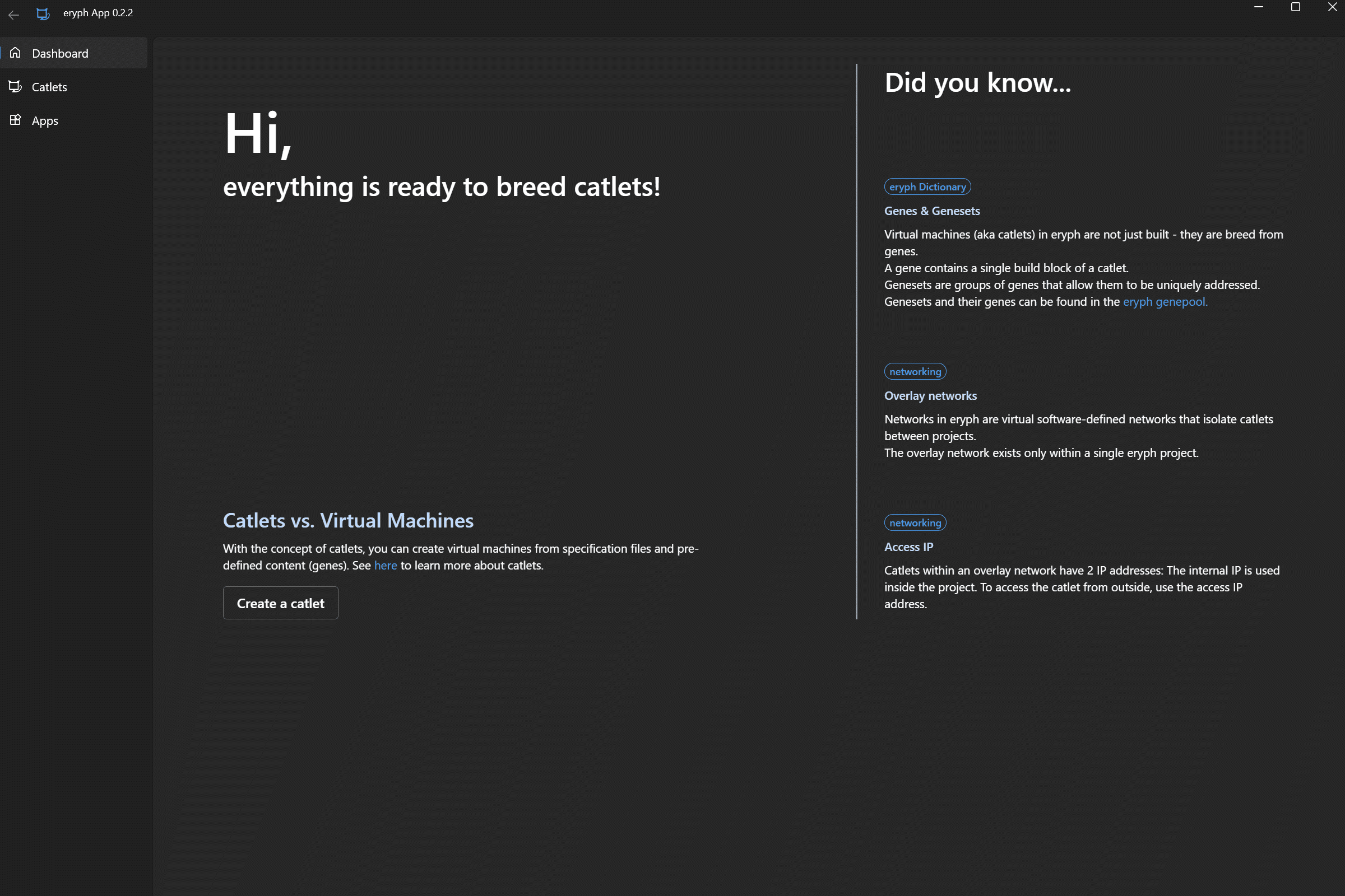 eryph App main dashboard showing catlet management interface